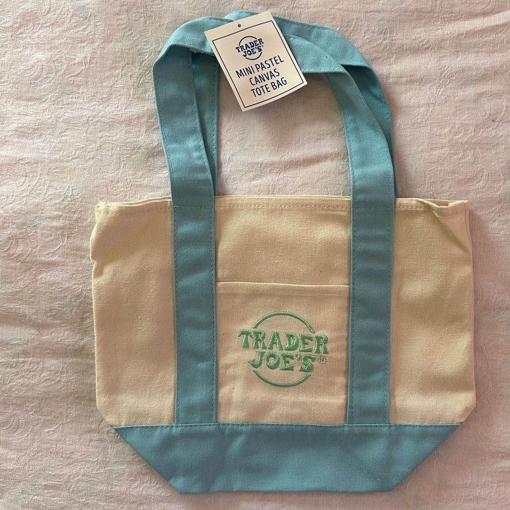 Trader Joe’s Mini Logo Tote Pastel Blue Small Grocery Shopping Bag Canvas